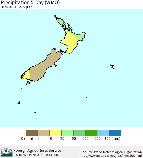 New Zealand Precipitation 5-Day (WMO) Thematic Map For 3/26/2022 - 3/31/2022