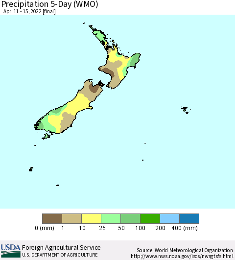 New Zealand Precipitation 5-Day (WMO) Thematic Map For 4/11/2022 - 4/15/2022