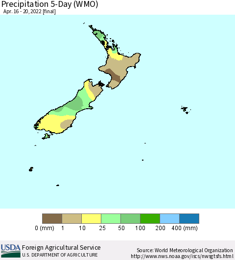 New Zealand Precipitation 5-Day (WMO) Thematic Map For 4/16/2022 - 4/20/2022