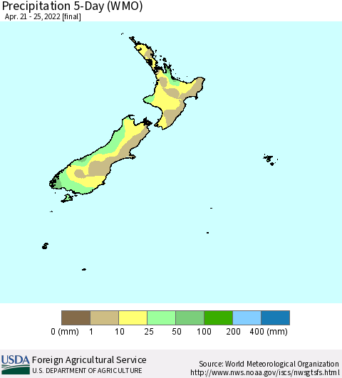 New Zealand Precipitation 5-Day (WMO) Thematic Map For 4/21/2022 - 4/25/2022