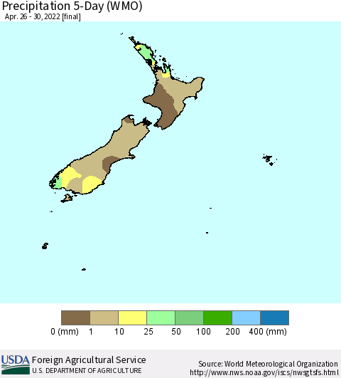 New Zealand Precipitation 5-Day (WMO) Thematic Map For 4/26/2022 - 4/30/2022
