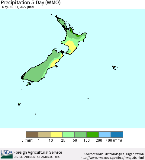 New Zealand Precipitation 5-Day (WMO) Thematic Map For 5/26/2022 - 5/31/2022