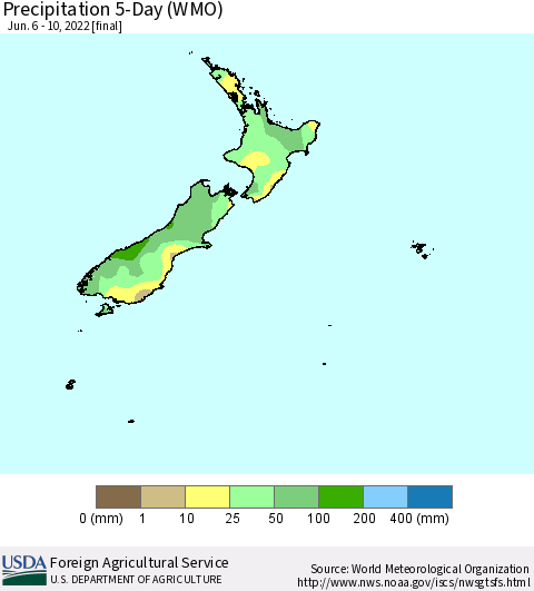 New Zealand Precipitation 5-Day (WMO) Thematic Map For 6/6/2022 - 6/10/2022
