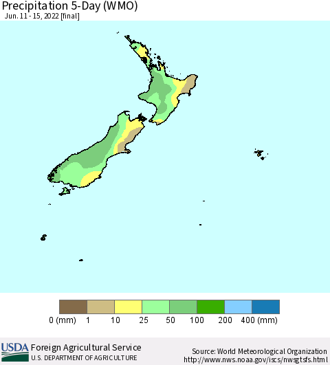 New Zealand Precipitation 5-Day (WMO) Thematic Map For 6/11/2022 - 6/15/2022