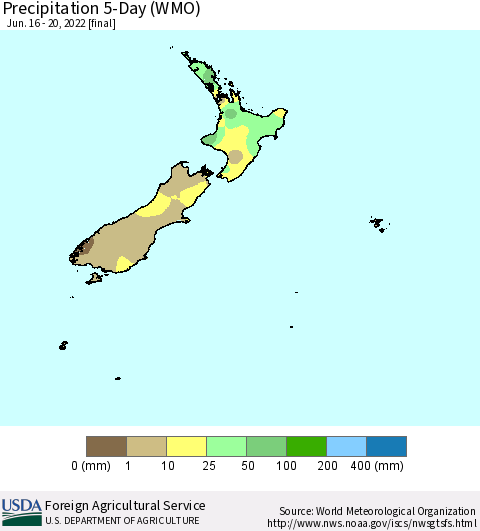 New Zealand Precipitation 5-Day (WMO) Thematic Map For 6/16/2022 - 6/20/2022