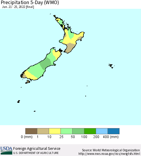 New Zealand Precipitation 5-Day (WMO) Thematic Map For 6/21/2022 - 6/25/2022