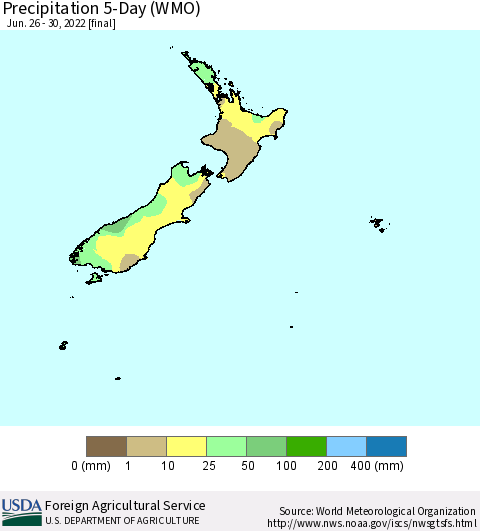 New Zealand Precipitation 5-Day (WMO) Thematic Map For 6/26/2022 - 6/30/2022