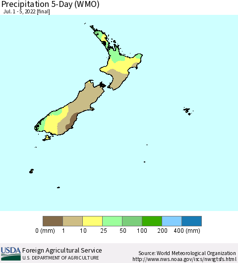 New Zealand Precipitation 5-Day (WMO) Thematic Map For 7/1/2022 - 7/5/2022