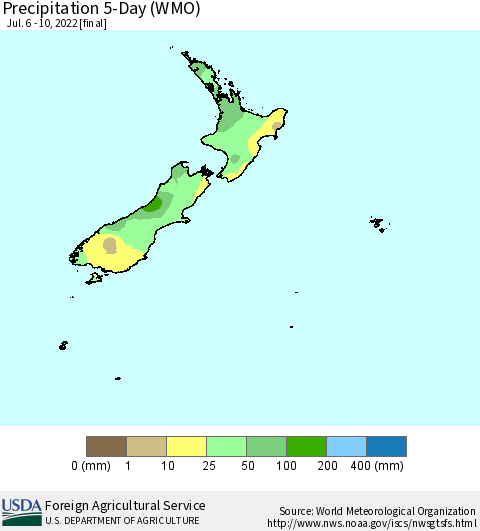 New Zealand Precipitation 5-Day (WMO) Thematic Map For 7/6/2022 - 7/10/2022