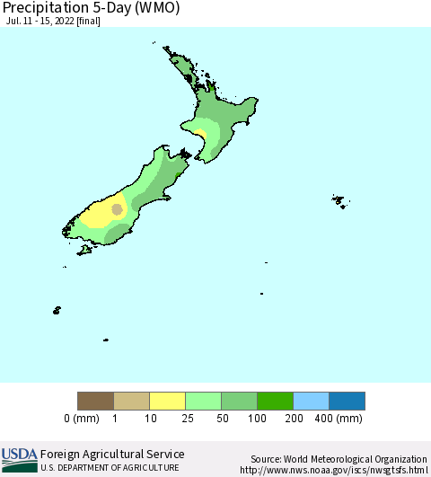New Zealand Precipitation 5-Day (WMO) Thematic Map For 7/11/2022 - 7/15/2022