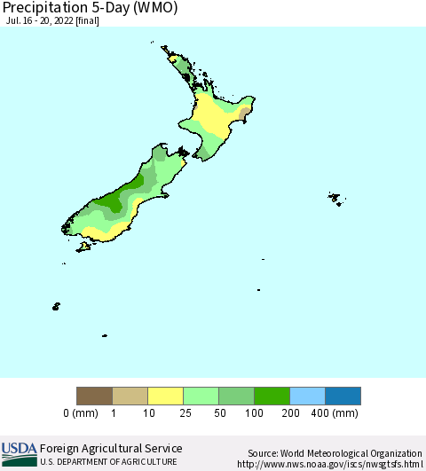New Zealand Precipitation 5-Day (WMO) Thematic Map For 7/16/2022 - 7/20/2022