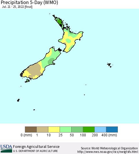 New Zealand Precipitation 5-Day (WMO) Thematic Map For 7/21/2022 - 7/25/2022