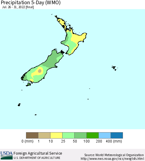 New Zealand Precipitation 5-Day (WMO) Thematic Map For 7/26/2022 - 7/31/2022
