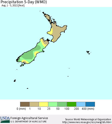 New Zealand Precipitation 5-Day (WMO) Thematic Map For 8/1/2022 - 8/5/2022
