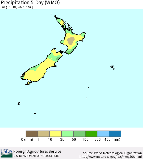New Zealand Precipitation 5-Day (WMO) Thematic Map For 8/6/2022 - 8/10/2022