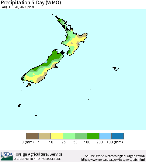 New Zealand Precipitation 5-Day (WMO) Thematic Map For 8/16/2022 - 8/20/2022