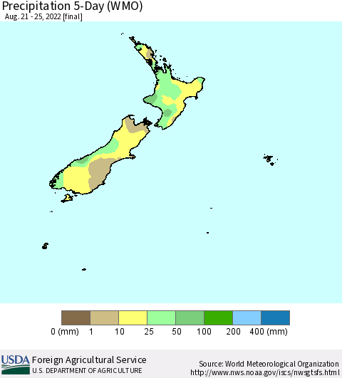 New Zealand Precipitation 5-Day (WMO) Thematic Map For 8/21/2022 - 8/25/2022
