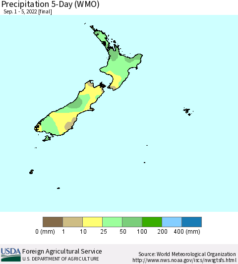 New Zealand Precipitation 5-Day (WMO) Thematic Map For 9/1/2022 - 9/5/2022