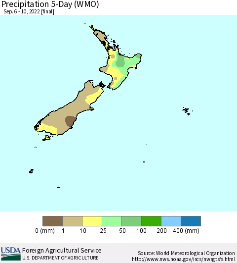New Zealand Precipitation 5-Day (WMO) Thematic Map For 9/6/2022 - 9/10/2022