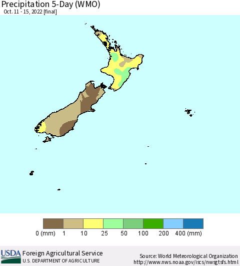 New Zealand Precipitation 5-Day (WMO) Thematic Map For 10/11/2022 - 10/15/2022