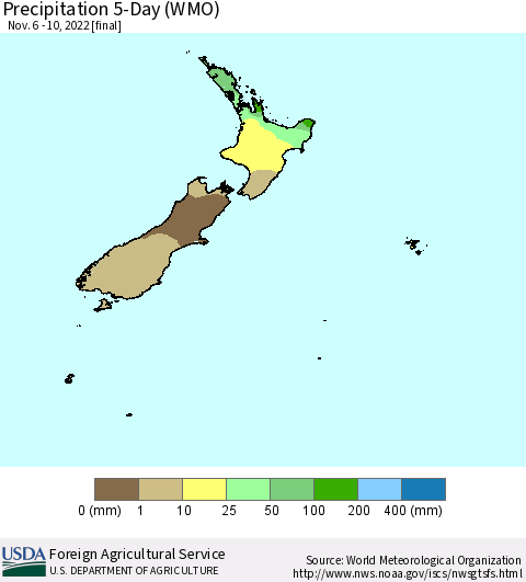 New Zealand Precipitation 5-Day (WMO) Thematic Map For 11/6/2022 - 11/10/2022