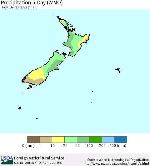 New Zealand Precipitation 5-Day (WMO) Thematic Map For 11/16/2022 - 11/20/2022