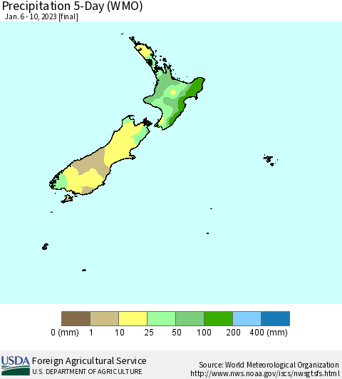 New Zealand Precipitation 5-Day (WMO) Thematic Map For 1/6/2023 - 1/10/2023