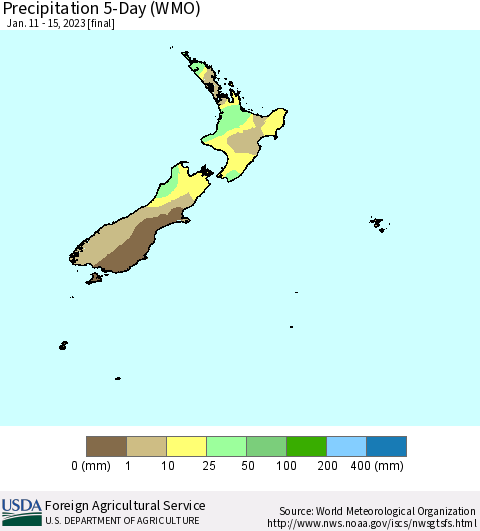 New Zealand Precipitation 5-Day (WMO) Thematic Map For 1/11/2023 - 1/15/2023