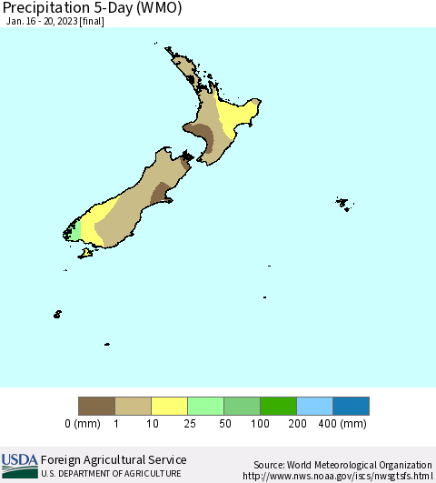 New Zealand Precipitation 5-Day (WMO) Thematic Map For 1/16/2023 - 1/20/2023