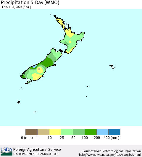New Zealand Precipitation 5-Day (WMO) Thematic Map For 2/1/2023 - 2/5/2023