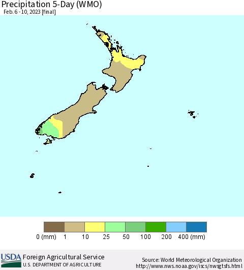 New Zealand Precipitation 5-Day (WMO) Thematic Map For 2/6/2023 - 2/10/2023
