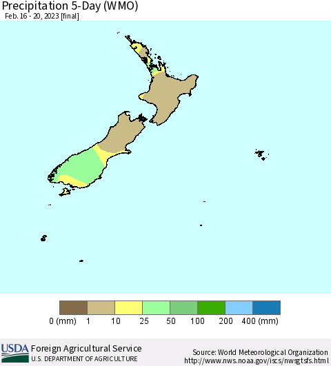 New Zealand Precipitation 5-Day (WMO) Thematic Map For 2/16/2023 - 2/20/2023