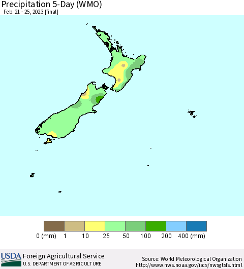 New Zealand Precipitation 5-Day (WMO) Thematic Map For 2/21/2023 - 2/25/2023