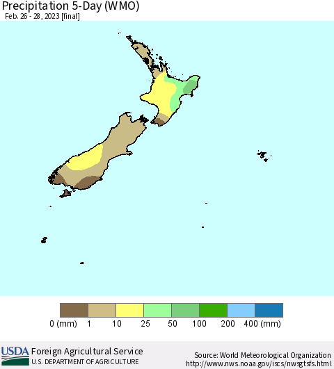 New Zealand Precipitation 5-Day (WMO) Thematic Map For 2/26/2023 - 2/28/2023