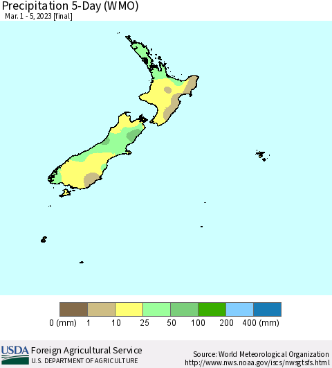 New Zealand Precipitation 5-Day (WMO) Thematic Map For 3/1/2023 - 3/5/2023