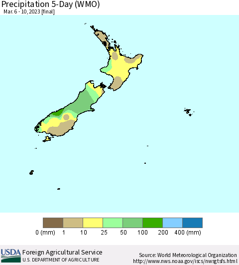 New Zealand Precipitation 5-Day (WMO) Thematic Map For 3/6/2023 - 3/10/2023