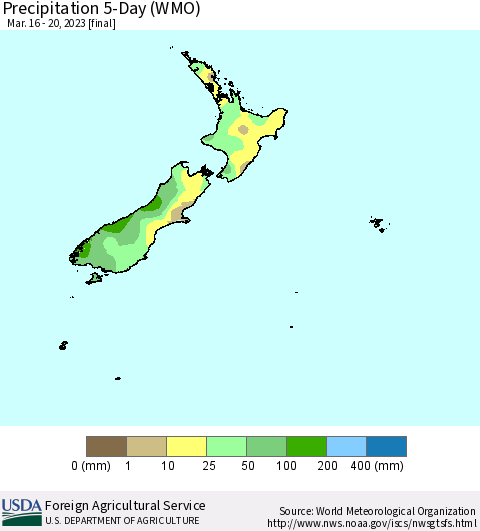 New Zealand Precipitation 5-Day (WMO) Thematic Map For 3/16/2023 - 3/20/2023