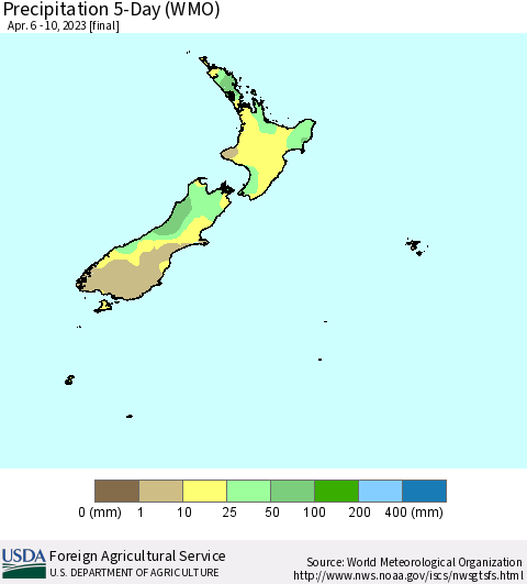 New Zealand Precipitation 5-Day (WMO) Thematic Map For 4/6/2023 - 4/10/2023