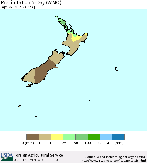 New Zealand Precipitation 5-Day (WMO) Thematic Map For 4/26/2023 - 4/30/2023