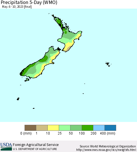 New Zealand Precipitation 5-Day (WMO) Thematic Map For 5/6/2023 - 5/10/2023