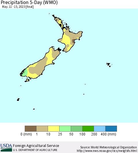 New Zealand Precipitation 5-Day (WMO) Thematic Map For 5/11/2023 - 5/15/2023