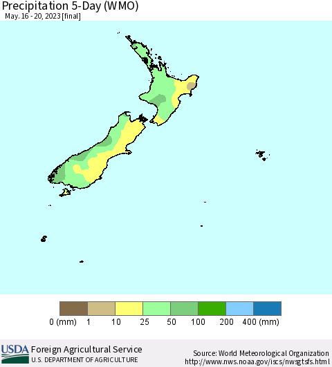 New Zealand Precipitation 5-Day (WMO) Thematic Map For 5/16/2023 - 5/20/2023
