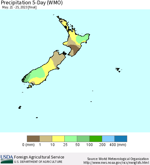 New Zealand Precipitation 5-Day (WMO) Thematic Map For 5/21/2023 - 5/25/2023