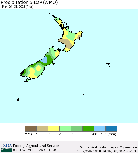 New Zealand Precipitation 5-Day (WMO) Thematic Map For 5/26/2023 - 5/31/2023