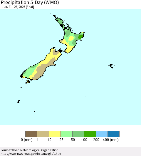 New Zealand Precipitation 5-Day (WMO) Thematic Map For 6/21/2023 - 6/25/2023