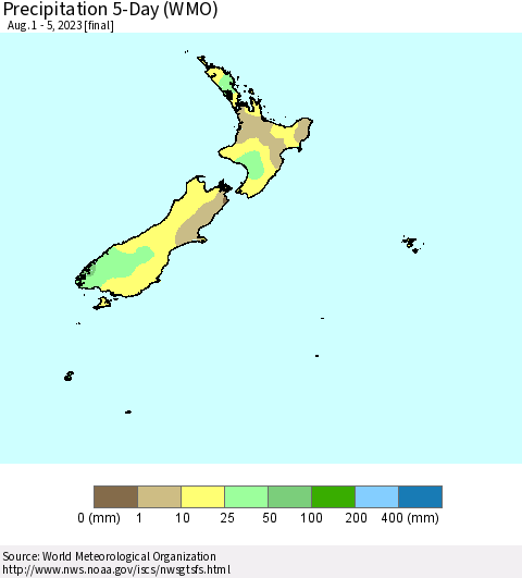 New Zealand Precipitation 5-Day (WMO) Thematic Map For 8/1/2023 - 8/5/2023
