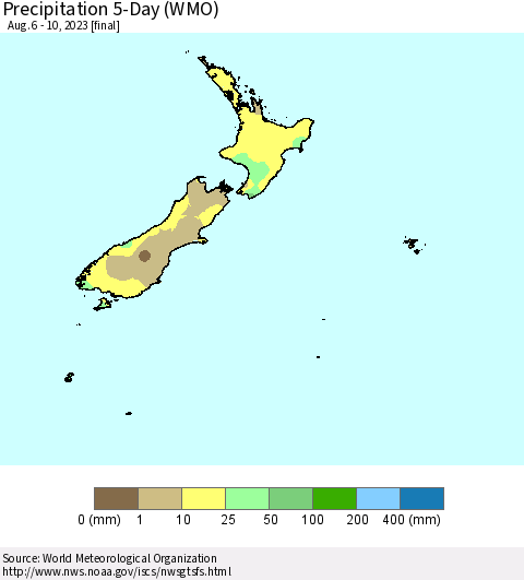 New Zealand Precipitation 5-Day (WMO) Thematic Map For 8/6/2023 - 8/10/2023