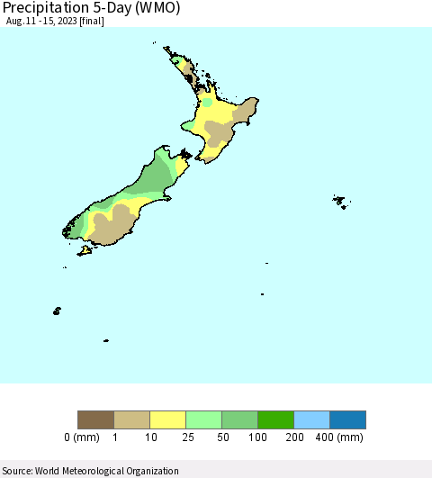 New Zealand Precipitation 5-Day (WMO) Thematic Map For 8/11/2023 - 8/15/2023