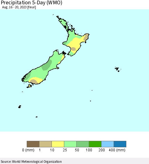 New Zealand Precipitation 5-Day (WMO) Thematic Map For 8/16/2023 - 8/20/2023