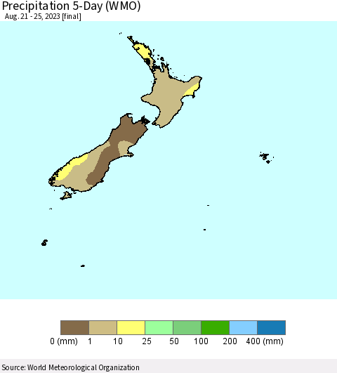 New Zealand Precipitation 5-Day (WMO) Thematic Map For 8/21/2023 - 8/25/2023